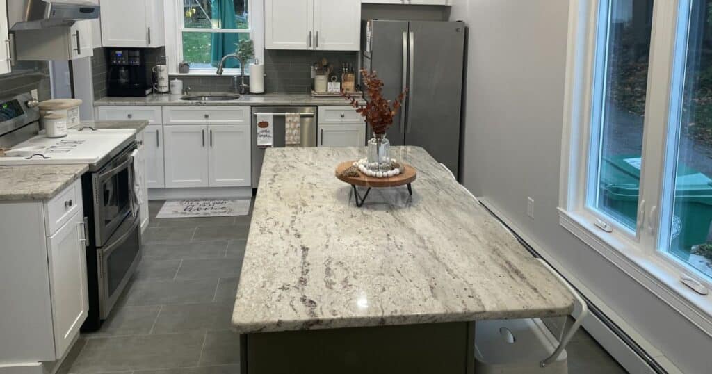 butcher block kitchen island with towel bars